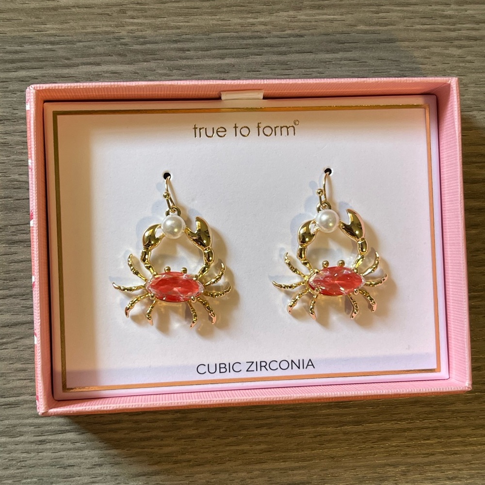 True to Form Gold Crab Earrings with Pearls and Pink Red Cubic Zirconia …